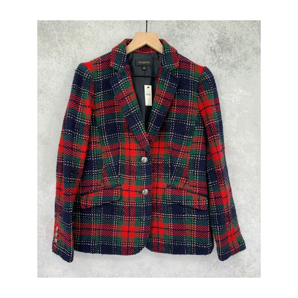 Talbots Blazer Women 6 Red Green Plaid Wool Blend Crest Button Holiday NEW